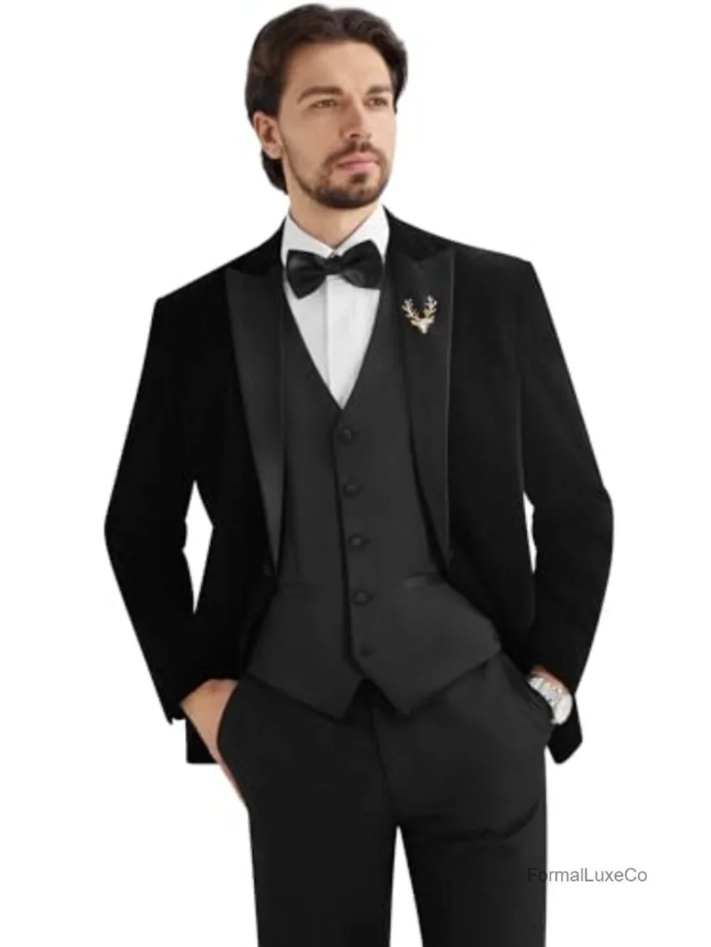 Mens Velvet 3 Piece Tuxedo Suit Set Slim Fit Peak Lapel One Button Prom Wedding